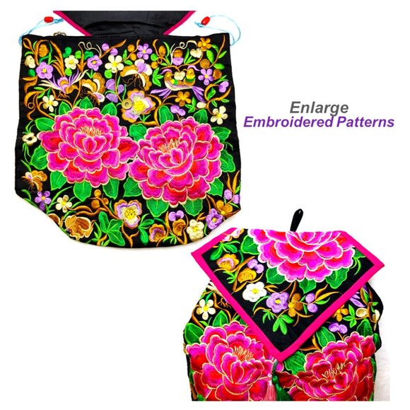 Embroidery Peony Backpack Pink Red Floral Handmade Canvas Shoulder ToteBag Large - Picture 6 of 11